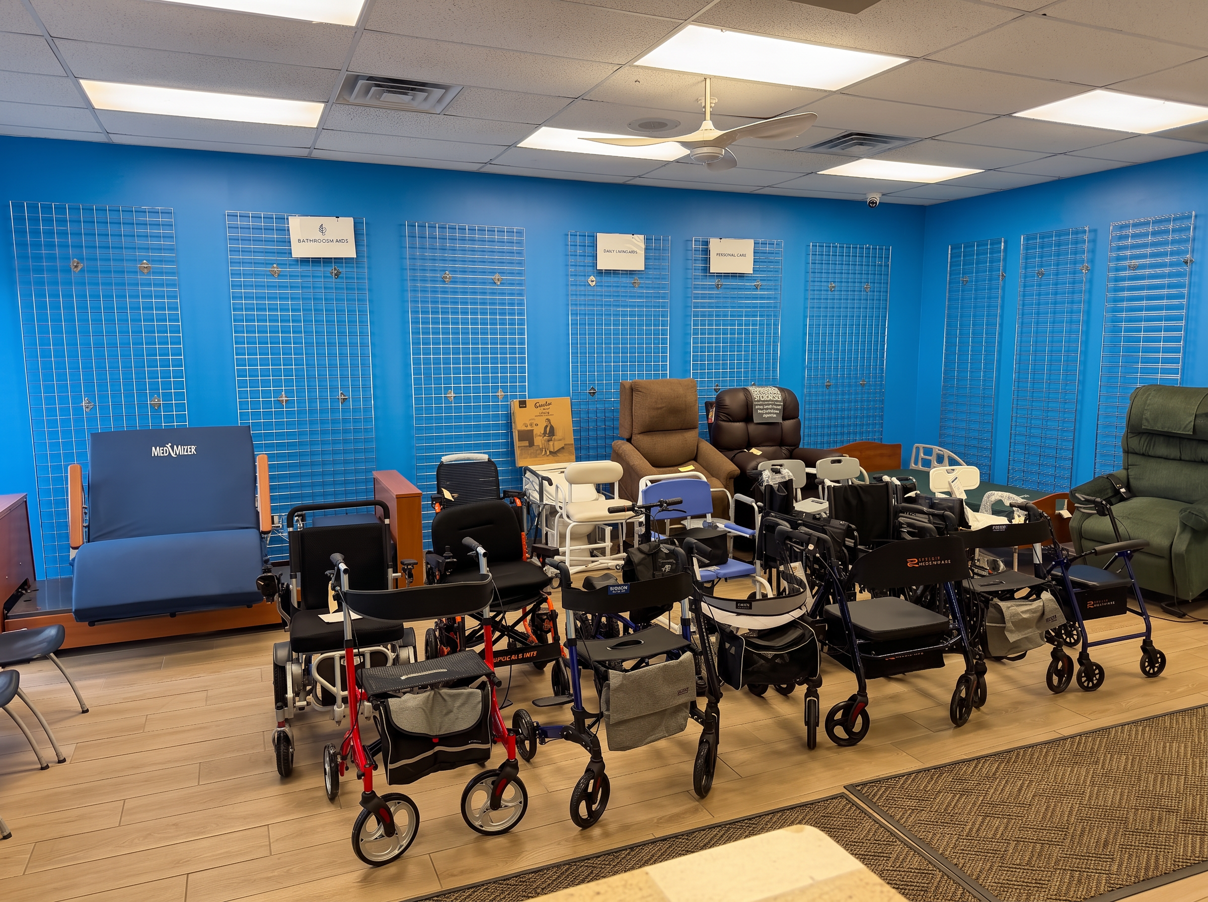 Wheelchairs, walkers, and mobility equipment in the TrustMed showroom